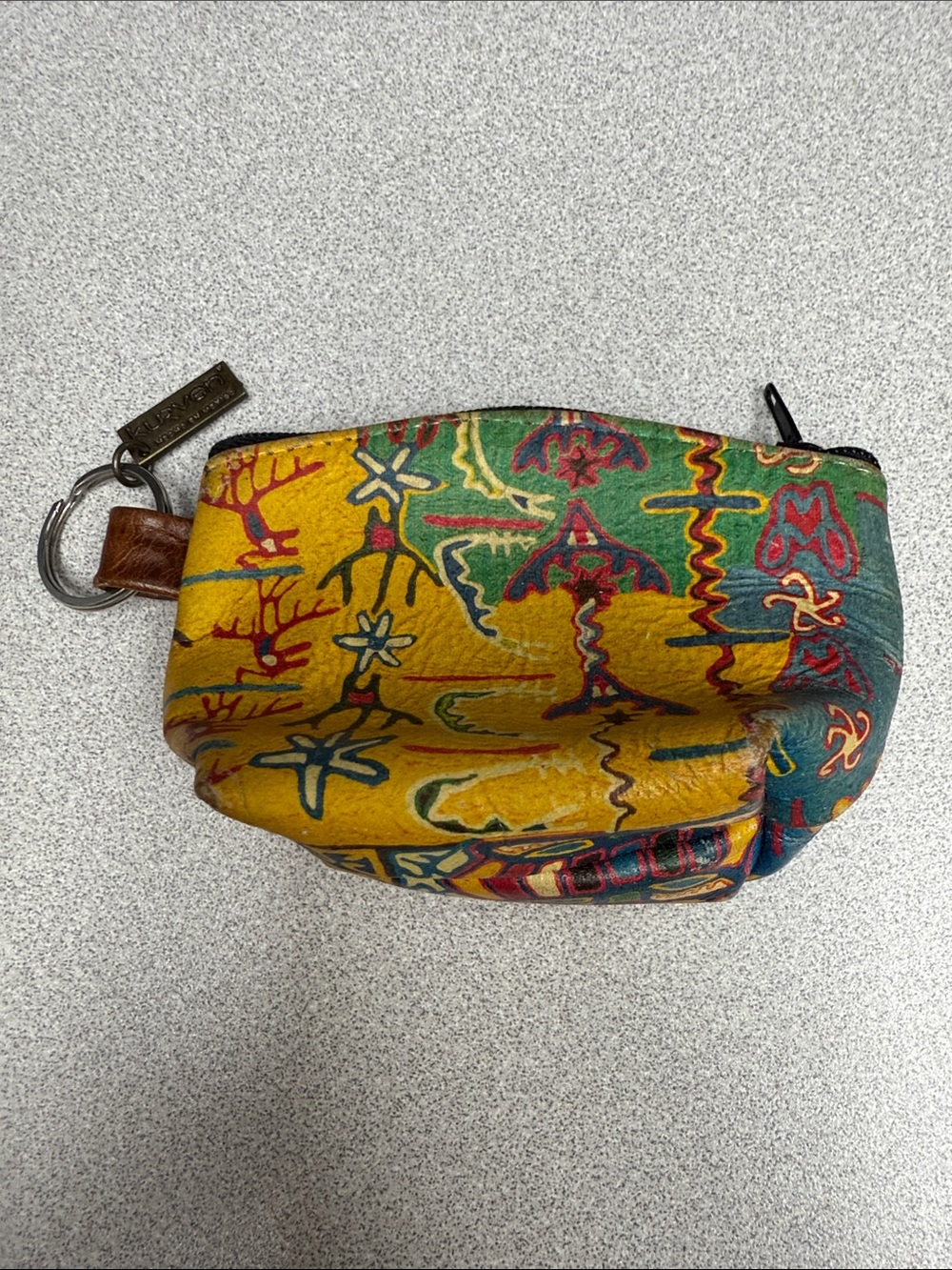Vintage Colorful Yellow & Green Printed Leather keyring Pouch